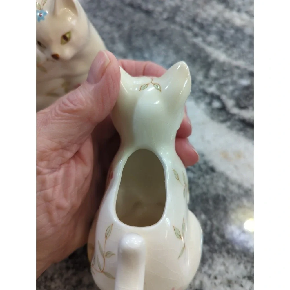 Vintage Enesco-Floral Cat Sugar Bowl & Creamer Green Eyes Flowers Kitties Kitty